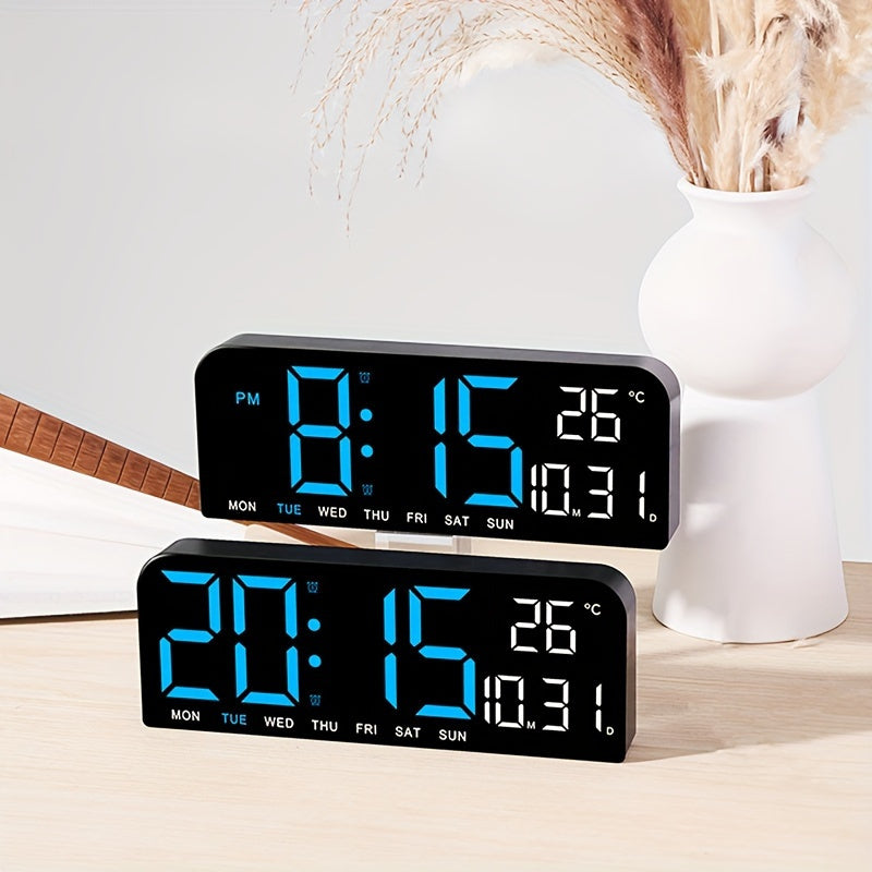 Large Screen LED Alarm Clock with Auto-Dimming and Remote Control – 15-Inch Digital Clock Displays Time, Date, Day of the Week, Temperature, and Humidity – Ideal Bedroom Bedside Clock for Seniors, Living Room, and Office Desk