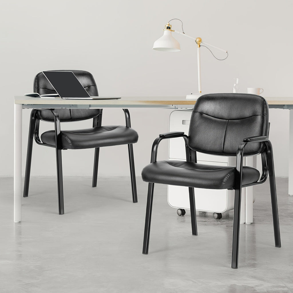 PU Leather Fixed Office Reception Guest Chair – Padded Armrests No Wheels for Waiting Room Meeting Room Desk Lobby & Salon in Black (1 or 2 Pack)