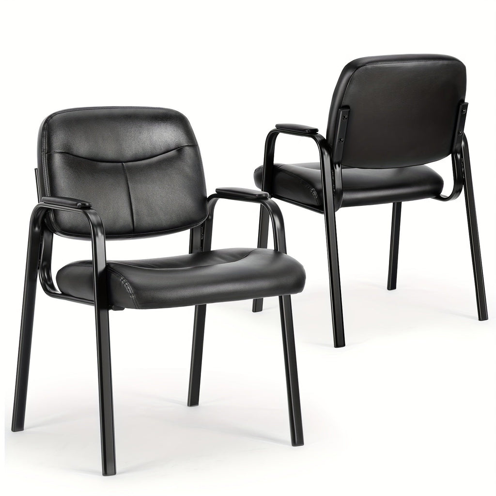 PU Leather Fixed Office Reception Guest Chair – Padded Armrests No Wheels for Waiting Room Meeting Room Desk Lobby & Salon in Black (1 or 2 Pack)