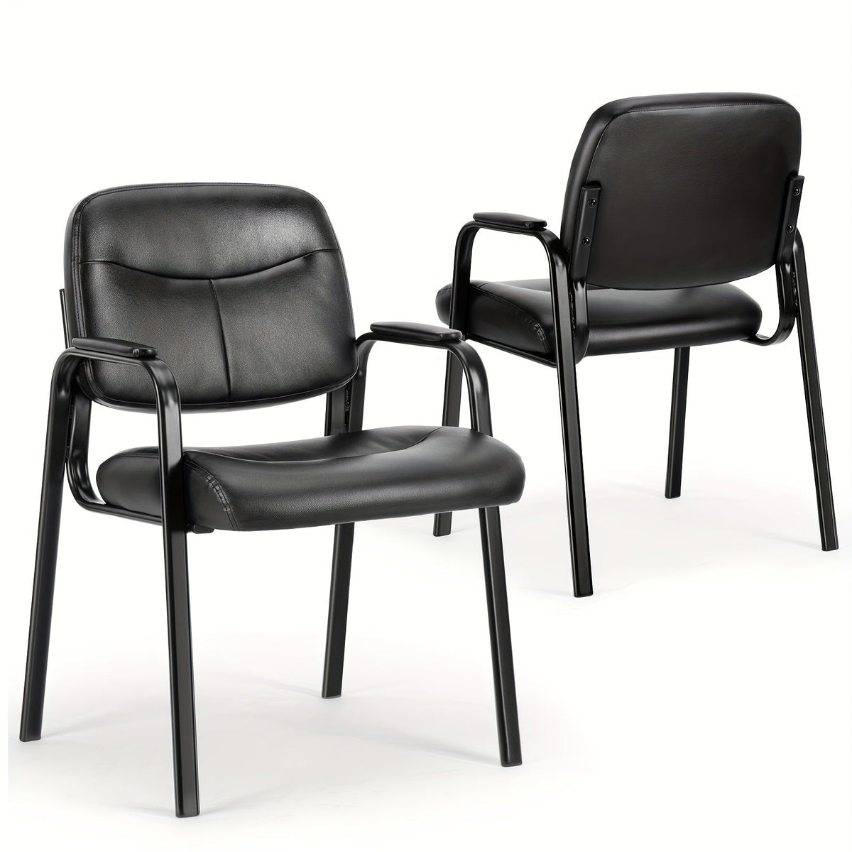 PU Leather Fixed Office Reception Guest Chair – Padded Armrests No Wheels for Waiting Room Meeting Room Desk Lobby & Salon in Black (1 or 2 Pack)