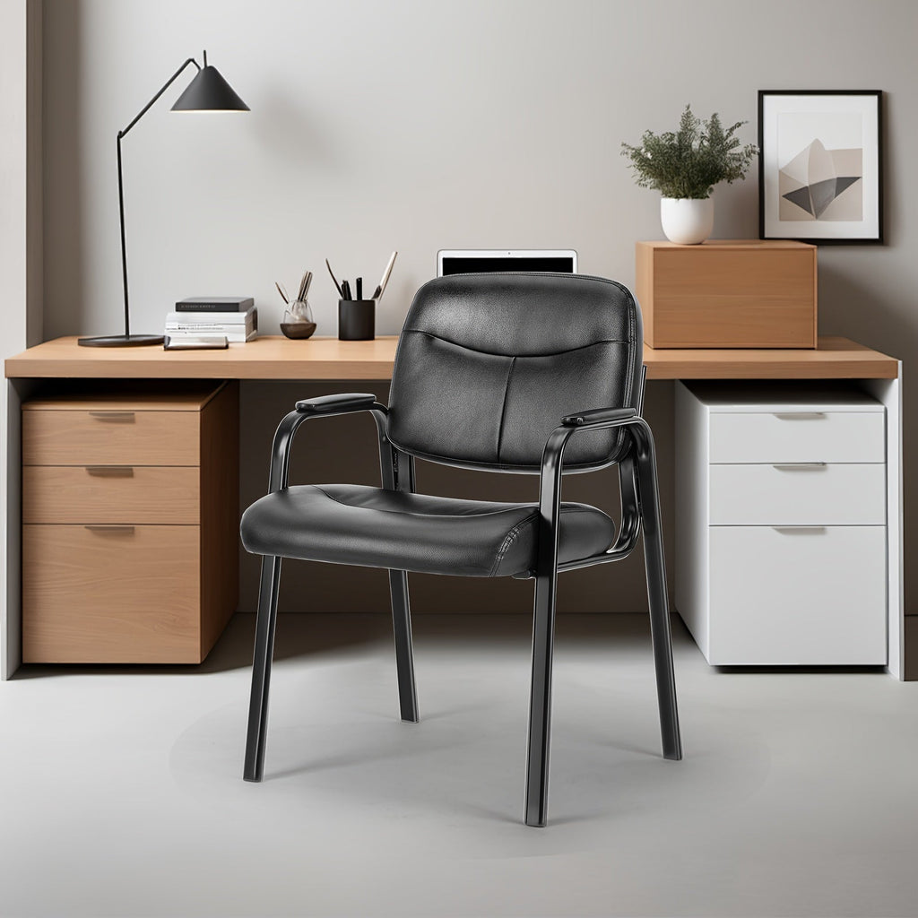 PU Leather Fixed Office Reception Guest Chair – Padded Armrests No Wheels for Waiting Room Meeting Room Desk Lobby & Salon in Black (1 or 2 Pack)
