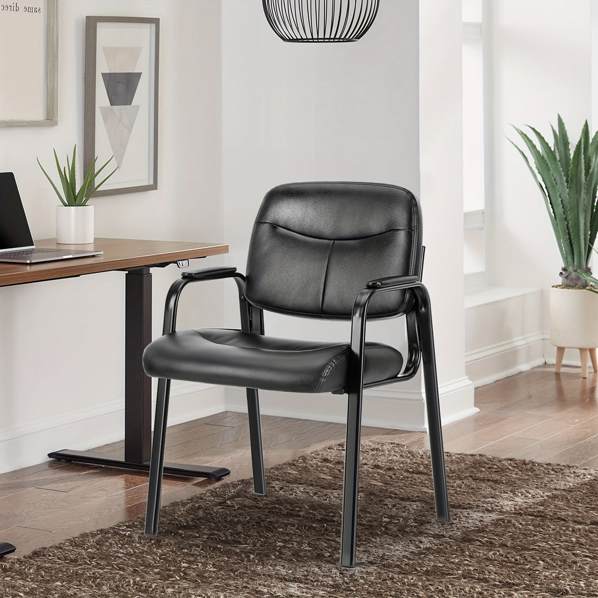 PU Leather Fixed Office Reception Guest Chair – Padded Armrests No Wheels for Waiting Room Meeting Room Desk Lobby & Salon in Black (1 or 2 Pack)