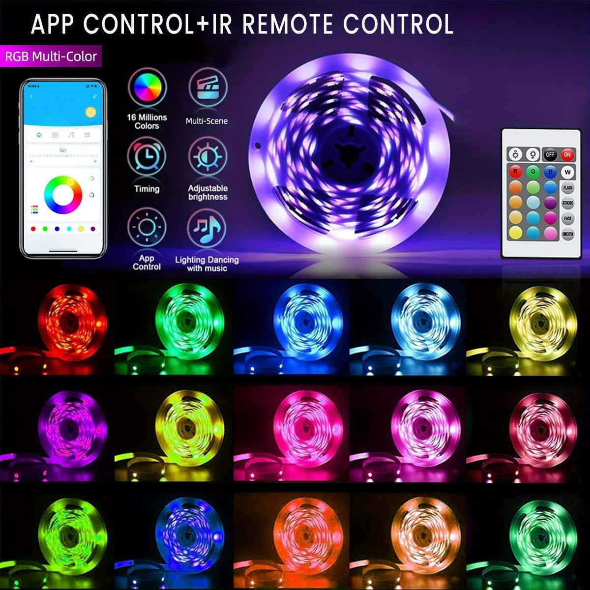 RGB LED Strip Lights Music Sync, 25FT 50FT 60FT 65FT 100FT Color Changing LED Lights with Remote & Smart APP Control, USB Powered, for Bedroom, Gaming Room, Party, Halloween, Christmas, and Home Decoration
