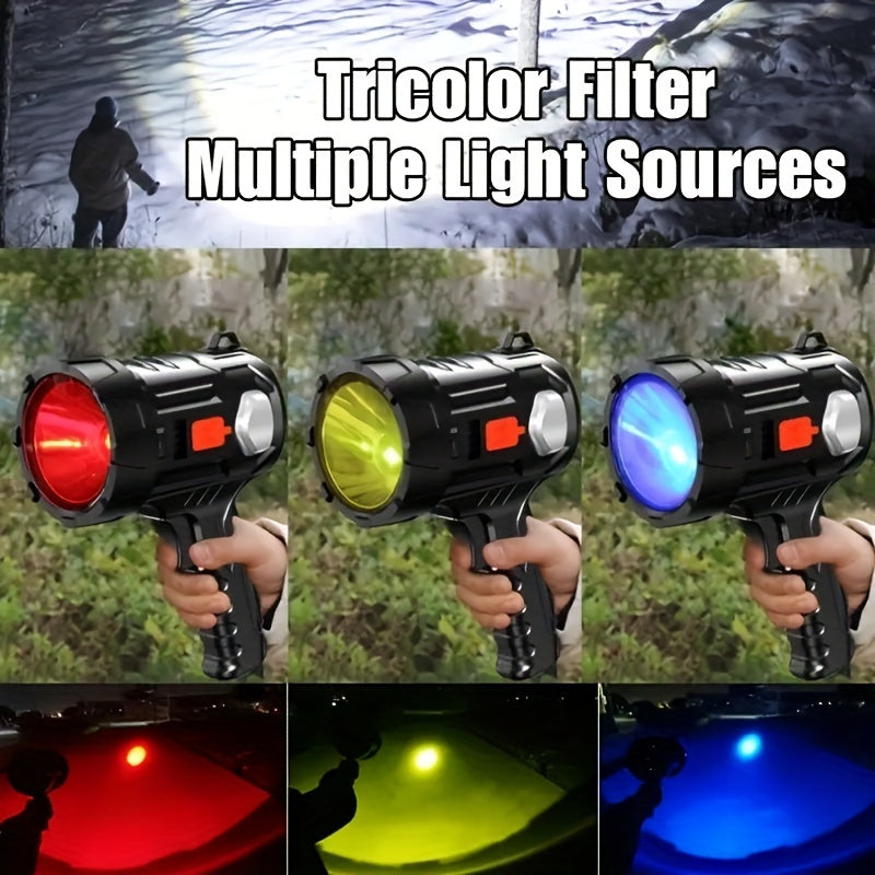 Rechargeable LED Spotlight Flashlight 2000 Lumens – 6 Modes & 3 Color Filters, 200M Range Handheld Searchlight with USB Cable for Boating, Hunting, Camping, Hiking, Emergency, and Home Lighting