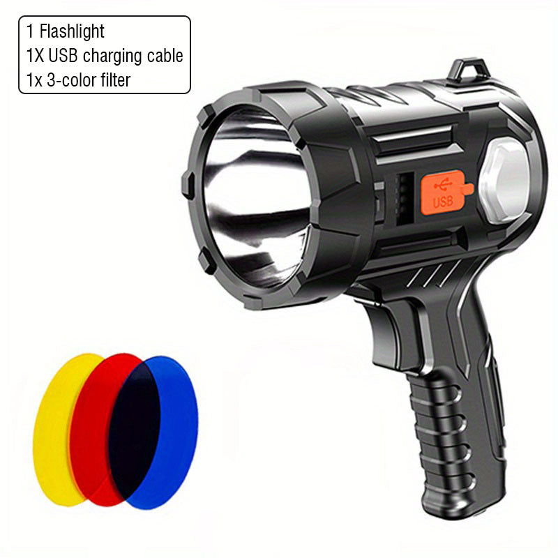 Rechargeable LED Spotlight Flashlight 2000 Lumens – 6 Modes & 3 Color Filters, 200M Range Handheld Searchlight with USB Cable for Boating, Hunting, Camping, Hiking, Emergency, and Home Lighting