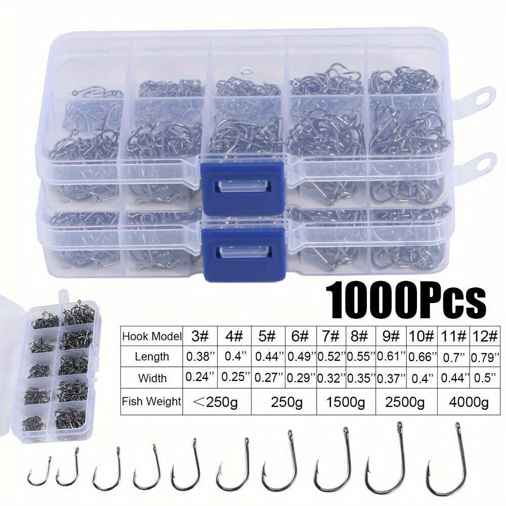 1000pcs Fish Hooks Assorted Sizes #3-#12 Carbon Steel Sharp Barbed Hooks with Portable Storage Box, Freshwater & Saltwater Fishing Gear for Bass, Trout, and Carp – Black & Silver