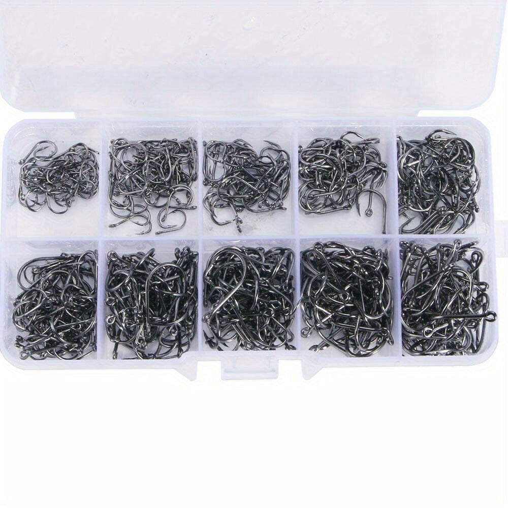 1000pcs Fish Hooks Assorted Sizes #3-#12 Carbon Steel Sharp Barbed Hooks with Portable Storage Box, Freshwater & Saltwater Fishing Gear for Bass, Trout, and Carp – Black & Silver