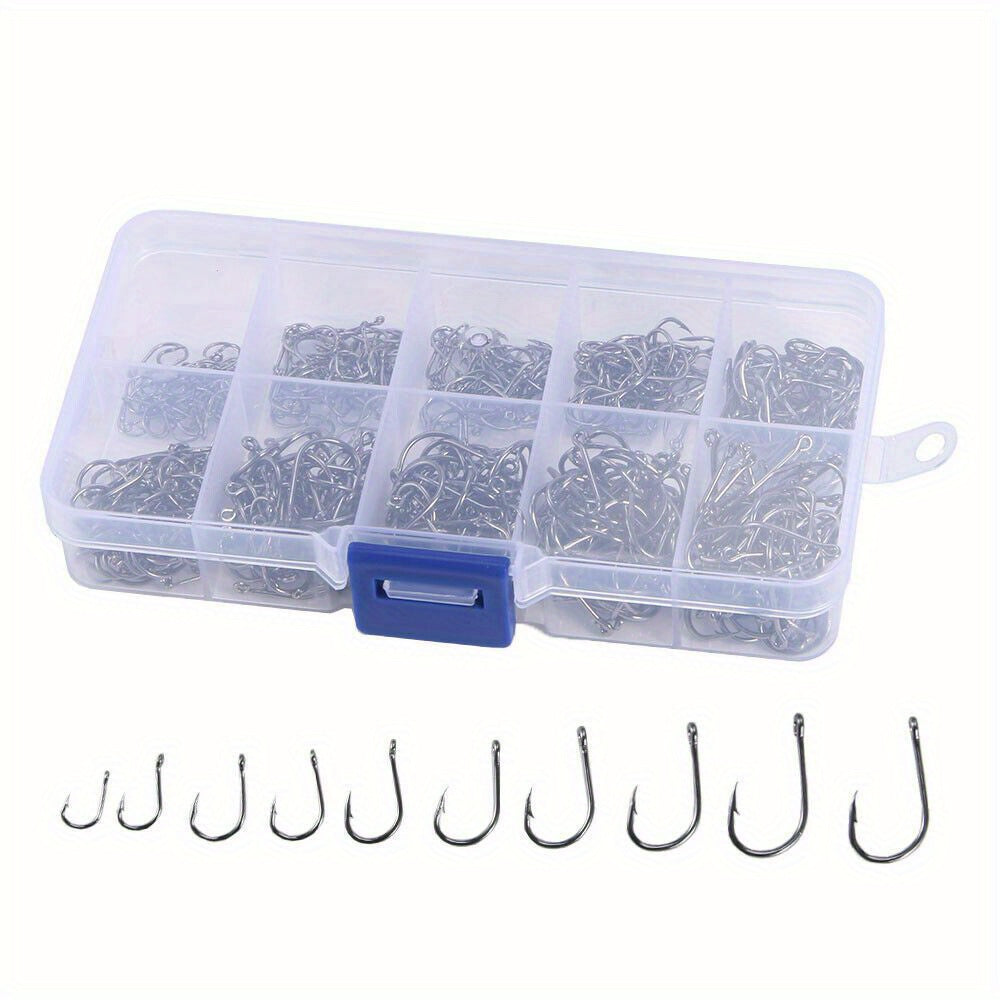 1000pcs Fish Hooks Assorted Sizes #3-#12 Carbon Steel Sharp Barbed Hooks with Portable Storage Box, Freshwater & Saltwater Fishing Gear for Bass, Trout, and Carp – Black & Silver