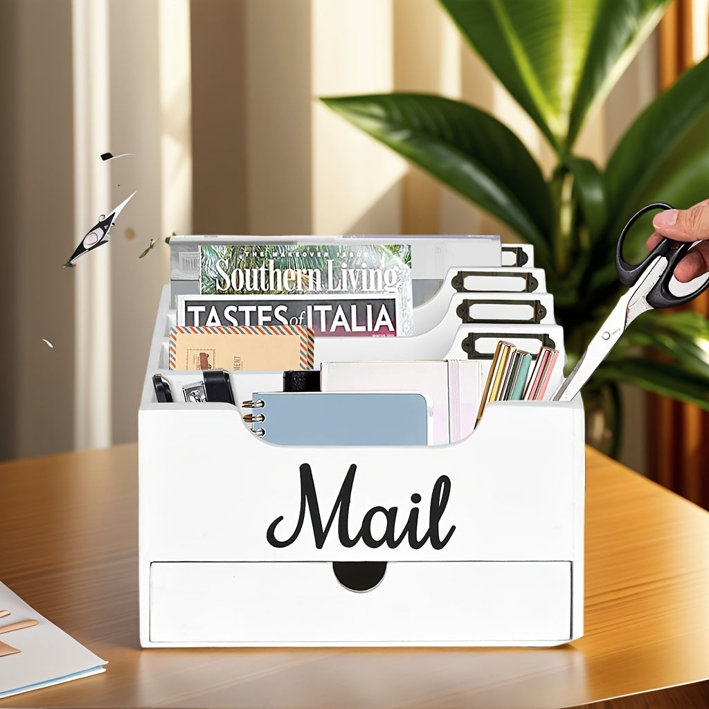 Large Solid Wood Desktop Mail Organizer with Drawer and 4 Compartments, Labelable Dividers for Files, Letters, and Paper Folders, Desk Organizer for Home Office, Students, and Professionals