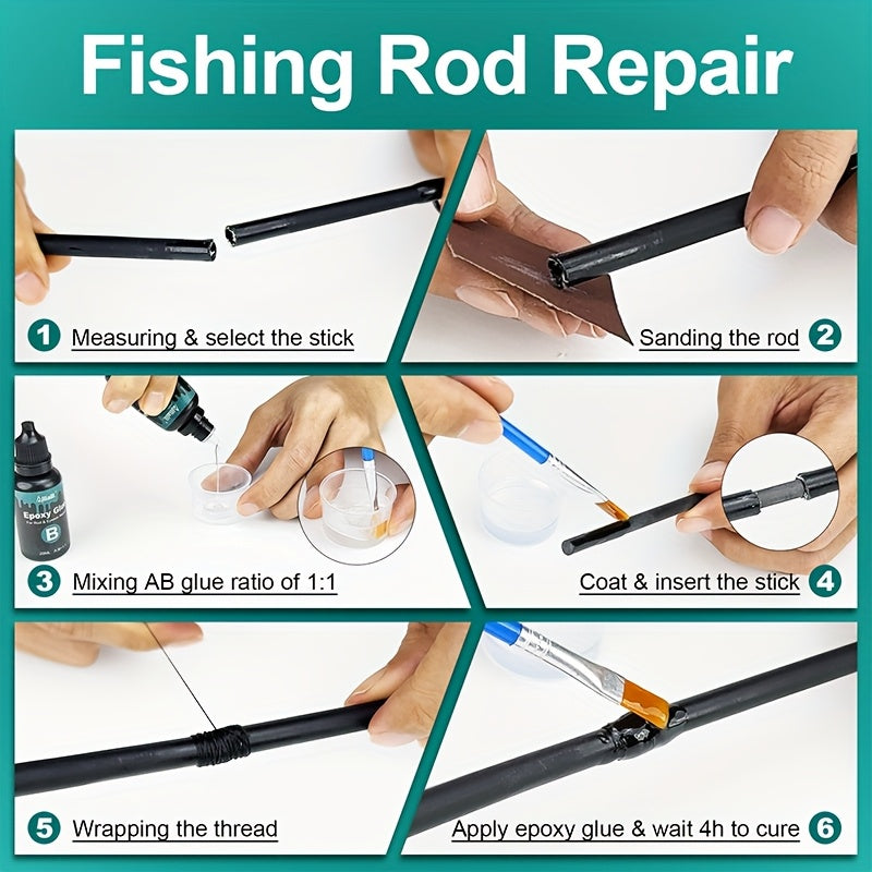 Fishing Rod Repair Kit Complete Set – Tip Top Rings, Rod Guides, AB Epoxy Glue, Winding Thread & Masking Tape, Full Replacement Supplies for Broken Rods