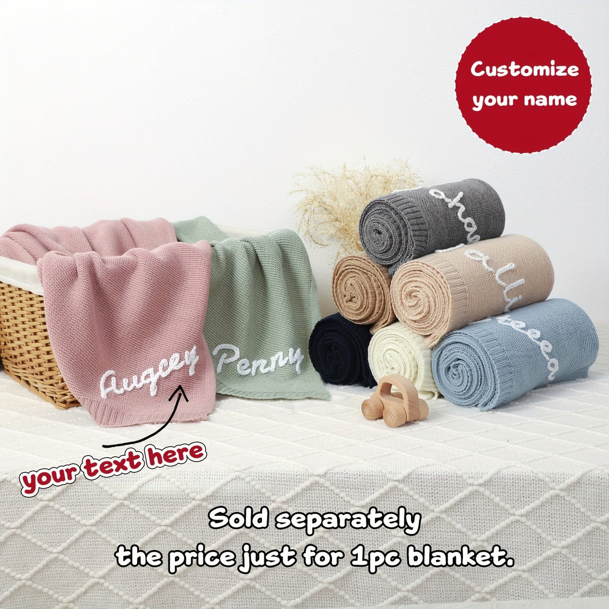 Personalized Hand-Embroidered Baby Name Knitted Blanket, Custom Name & Birthday Keepsake Blanket, 17 Color Options, Unique Baby Shower Birthday & Newborn Gift