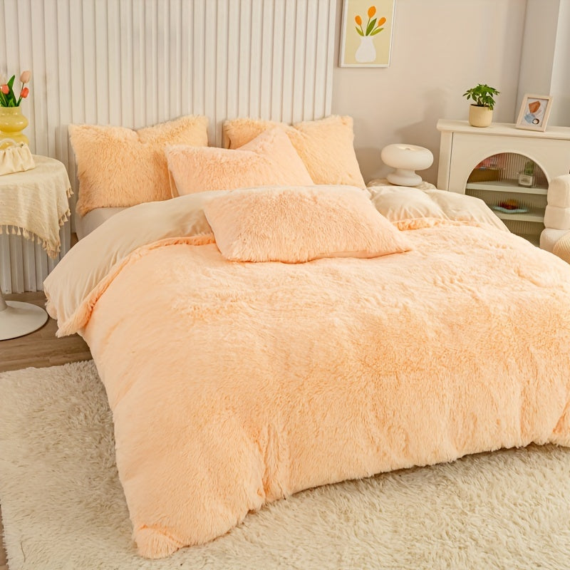 Plush Duvet Cover Set 3 Piece, Long Hair Knitted Polyester, Solid Color Fuzzy Comforter Cover with Zipper Closure, All-Season Soft Cozy Bedding Set for Bedroom, Multiple Colors Available