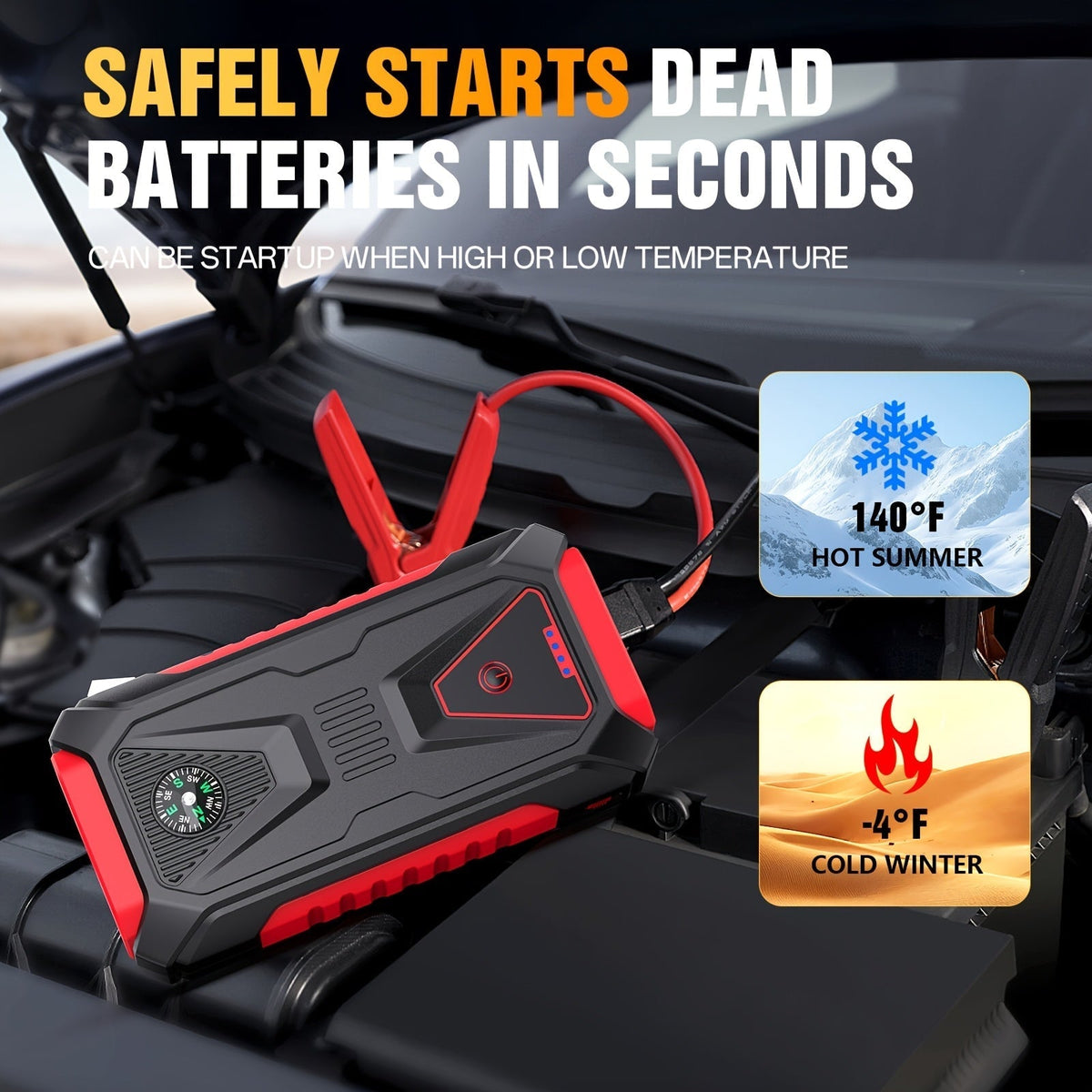 5000A Peak Jump Starter, 12V Portable Car Battery Starter for Gas & Diesel Engines – LED Flashlight, SOS Light, Safety Hammer, Compass & USB Power Bank, 74Wh Lithium Battery