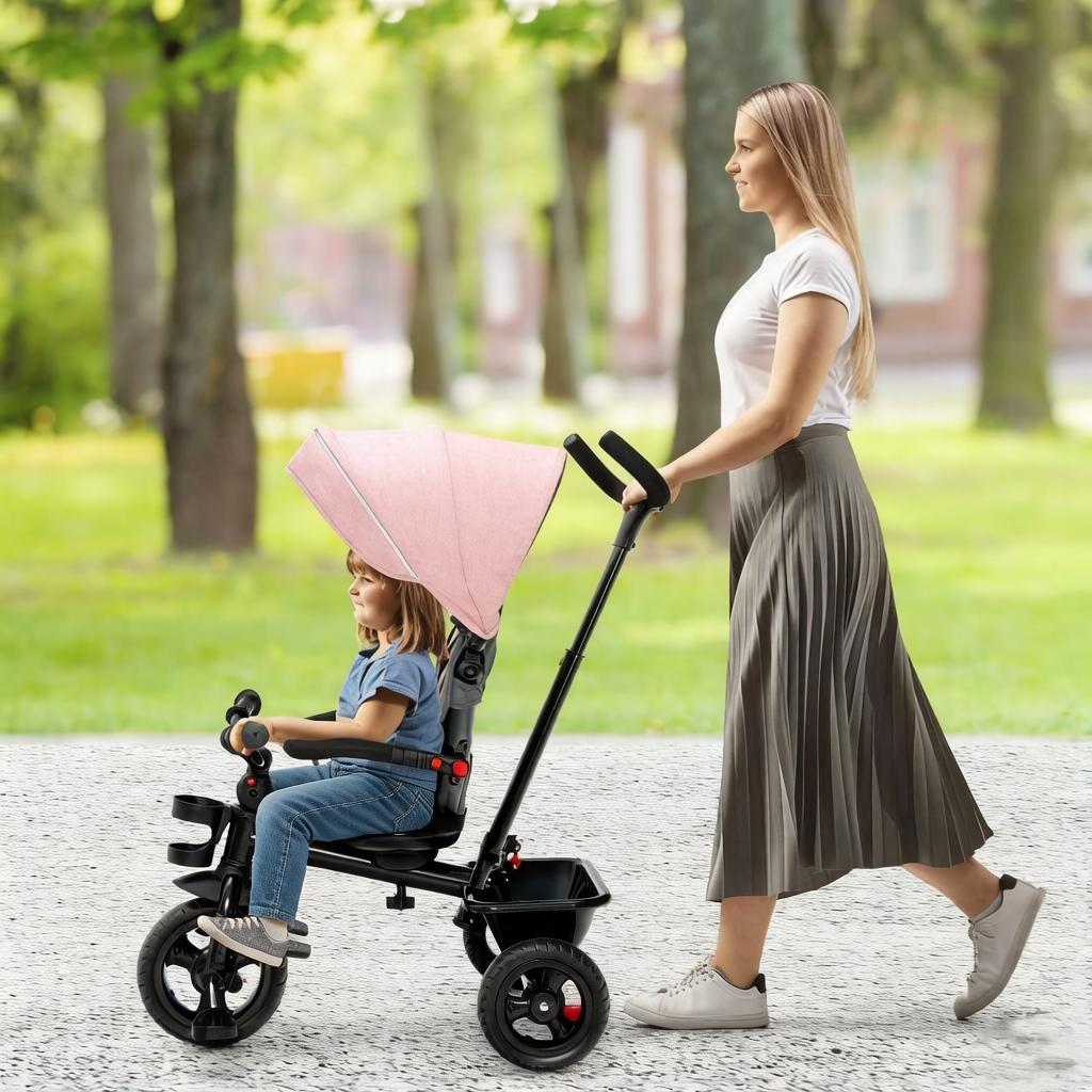 4-in-1 Toddler Tricycle with Adjustable Push Handle & Convertible Seat, Removable Canopy, Safety Harness & Storage Basket - Baby Push Trike for Kids 18 to 60 Months, Pink Ride-On Bike Gift for Girls