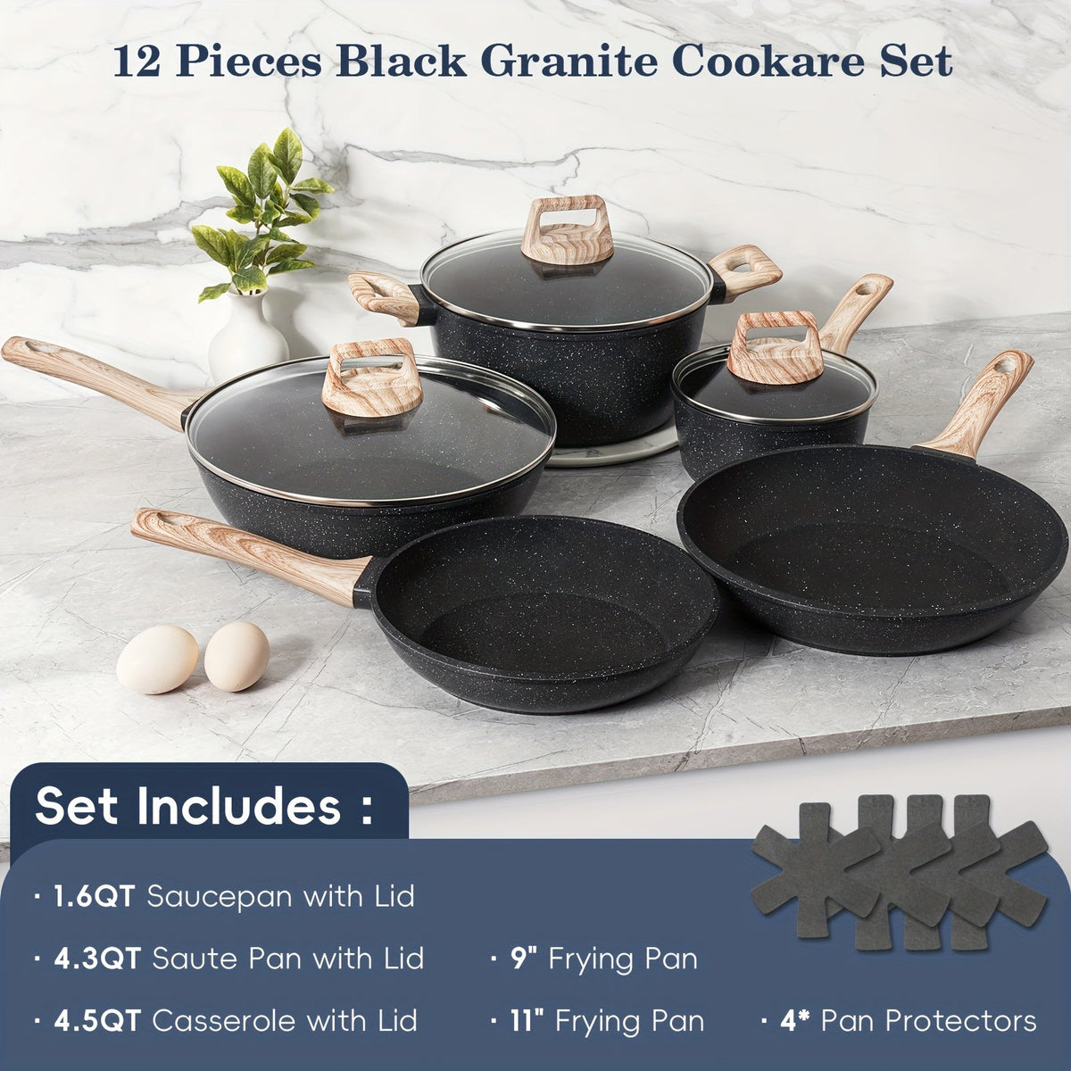 Nonstick Cookware Set 12-Piece – Pots and Pans with Wooden Handle Induction Compatible for Home Kitchen Camping RV & Travel in Black & White