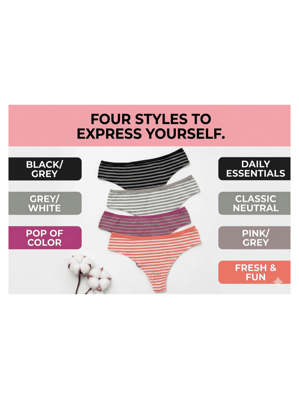 MNT 4-Pack Women's Cotton Thong Panties - Breathable Striped G-String, Soft Stretch, Low Rise - Petite M & L - Mixed Colors