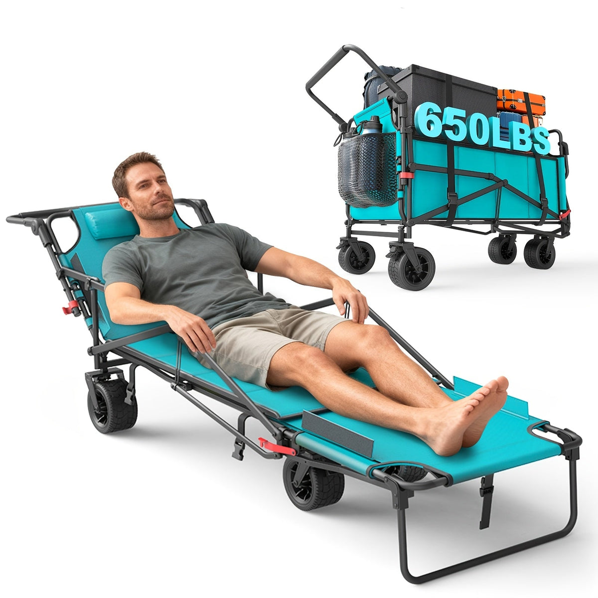 Heavy Duty Folding Wagon 2-in-1 Collapsible Cart and Beach Chair 400 420 650LBS Capacity All-Terrain 360 Swivel Wheels with Brakes Side Pockets for Camping Beach Groceries