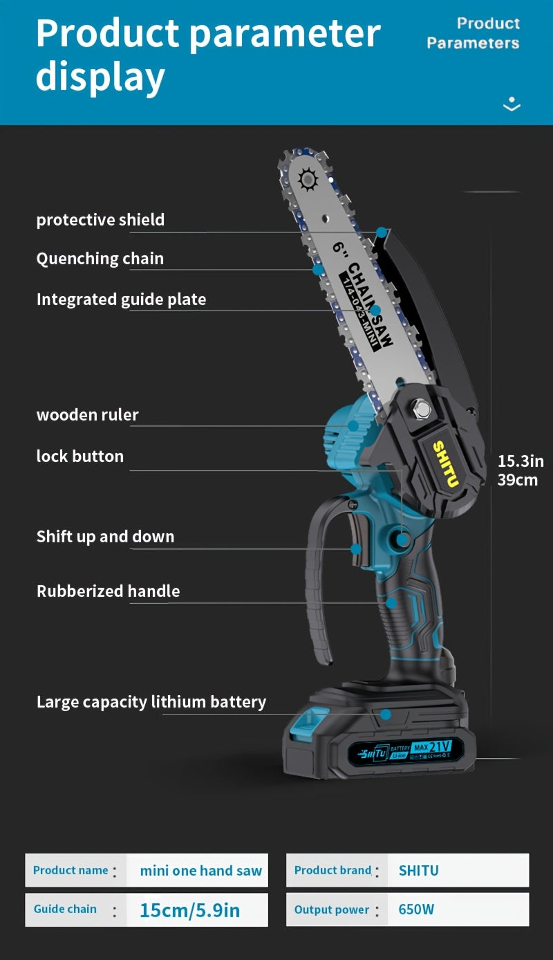 Mini Cordless Chainsaw, Portable Handheld Electric Tree Cutter with Splash Guard and Safety Lock, Rechargeable for Garden and Yard