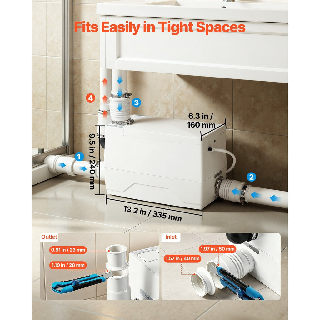 VEVOR Utility Sink Pump 350W 120 LPM Flow 26.2 ft Lift Copper Motor with Check Valve 3 Inlets Quiet Odor-Block for Basement Kitchen Sink & Shower Gray Water Drainage