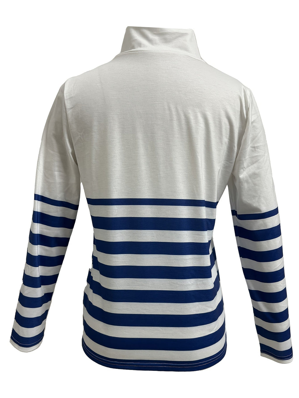 Women's Casual Long Sleeve Zip-Up Stand Collar Striped T-Shirt – Black with Red, Blue, and Light Green Stripes S-XXL