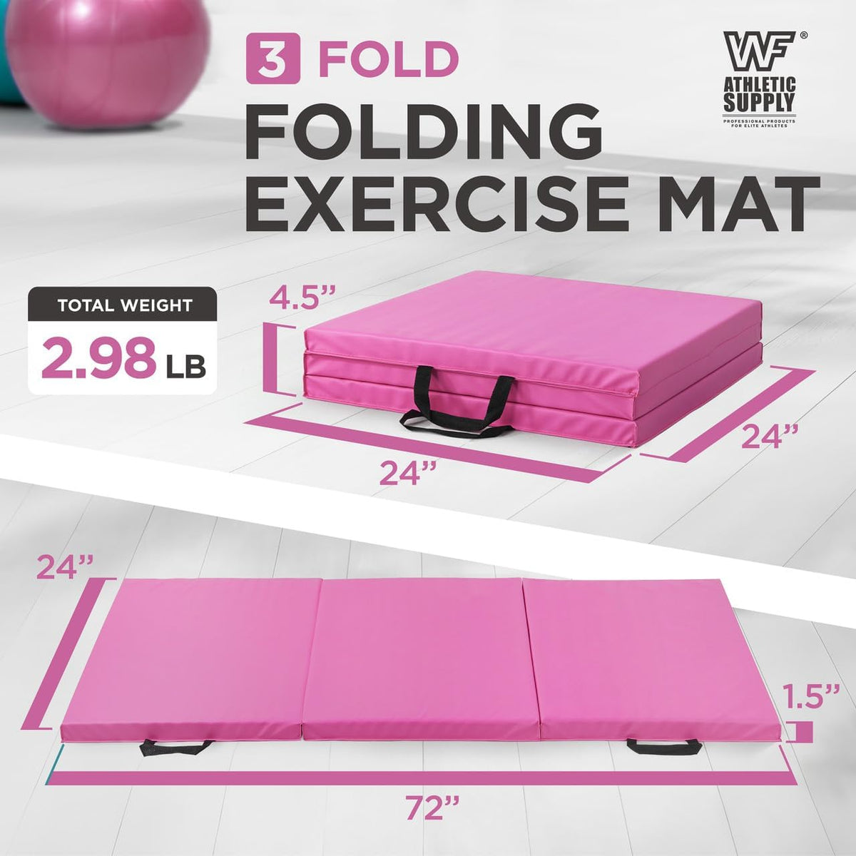 Tri-Fold Exercise Mat, 1.5" Thick with Carrying Handles - High-Density Foam Foldable Gym Mat for Gymnastics, Yoga, MMA, Core Workouts & Stretching, 72" x 24", Easy Storage & Portable