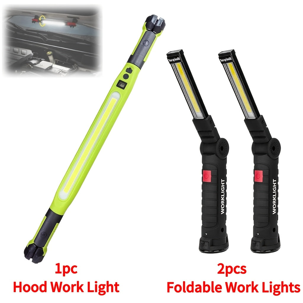 Rechargeable COB LED Work Light with Magnetic Base – 1000 Lumen Portable Camping Flashlight, 5 Modes, USB-C, Hanging Lamp for Garage, Yard, Emergency, and Outdoor Use, 2/3/4 Pack