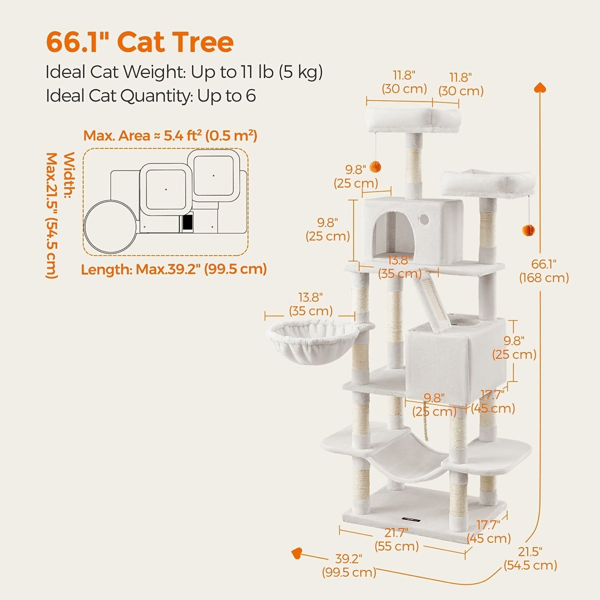 Multi-Level Cat Tree Tower 44-66 Inch with Hammock, Sisal Scratching Posts, Cozy Cave, Perches, and Anti-Tilt Stable Base for Multi-Cat Families, Kittens, and Cats
