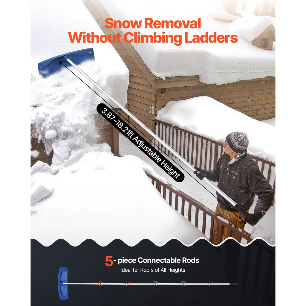 Roof Snow Rake, 24" Wide PP Blade, 3.8-18.2ft Adjustable Aluminum Handle, Rolling Wheels, Anti-Slip Grip, No-Ladder Snow Removal Tool for House Roof, Garage, Car, Leaves & Debris