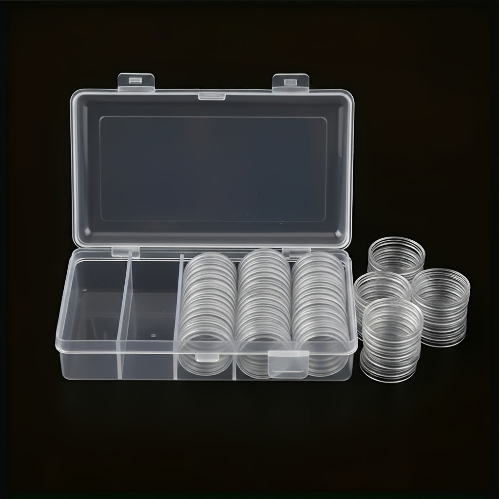 100-Pack Clear Coin Capsules, Transparent Collection Storage Boxes with Secure Snap Lid – Multi-Compartment Organizer for Coins, Souvenirs, Small Collectibles & Hobby Items