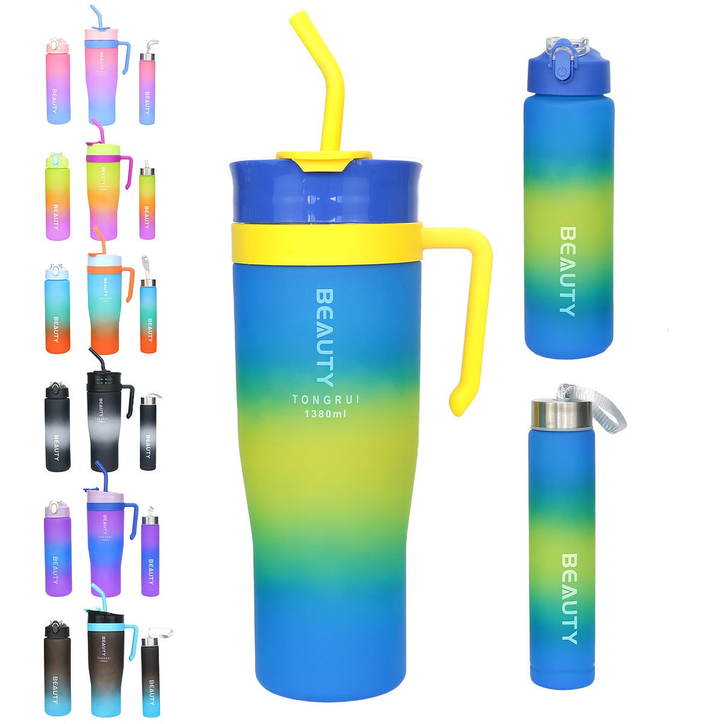 BPA-Free Gradient Water Bottle 5-Piece Set with Straw & Spill-Proof Lid - 46oz, 27oz, & 9oz Leak-Proof Sports Bottles for Gym, Travel, and Outdoor Use