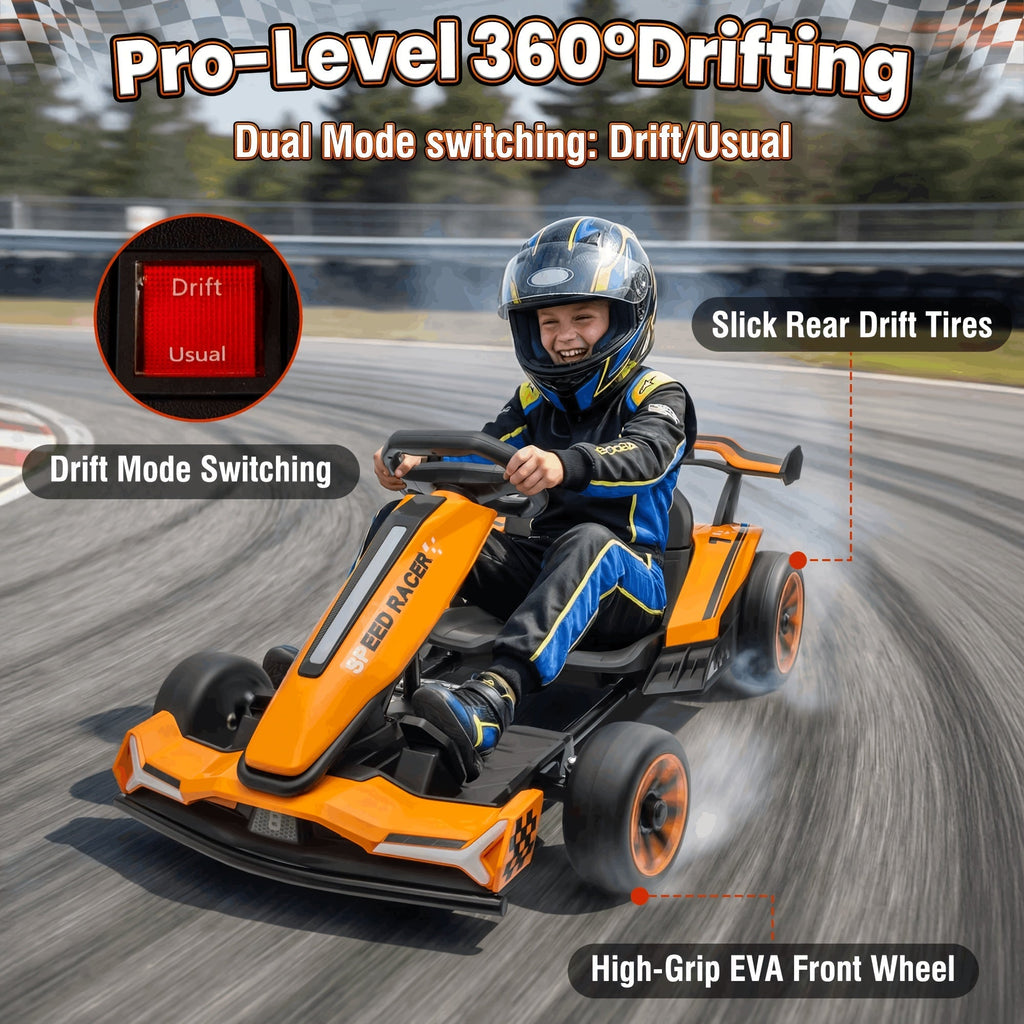 24V Electric Kids Go-Kart Drift Cart, 360 Degree Drift Mode, High Speed Racing with Soft Start, Music, Safety Belt, Metal Frame, Dual Brake for Boys Girls Ages 6 and Up, Birthday Christmas Gift, Black White Red Orange Silver
