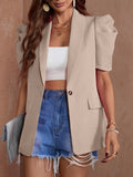 Women's Lantern Sleeve Solid Color Single Button Short Sleeve Loose Fit Faux Pocket Blazer Spring Summer Khaki Black S M L XL XXL