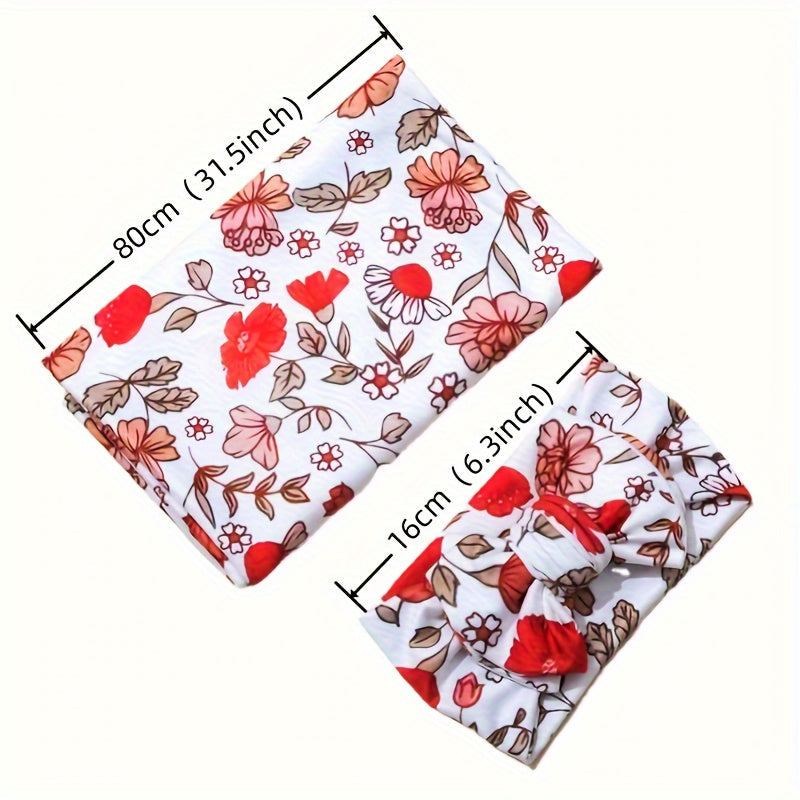 2-Piece Baby Wrap & Headband Set, Soft Floral Baby Girl Hair Wrap & Headband Accessory Set, Safflower, Orange Blossom & Purple Flower