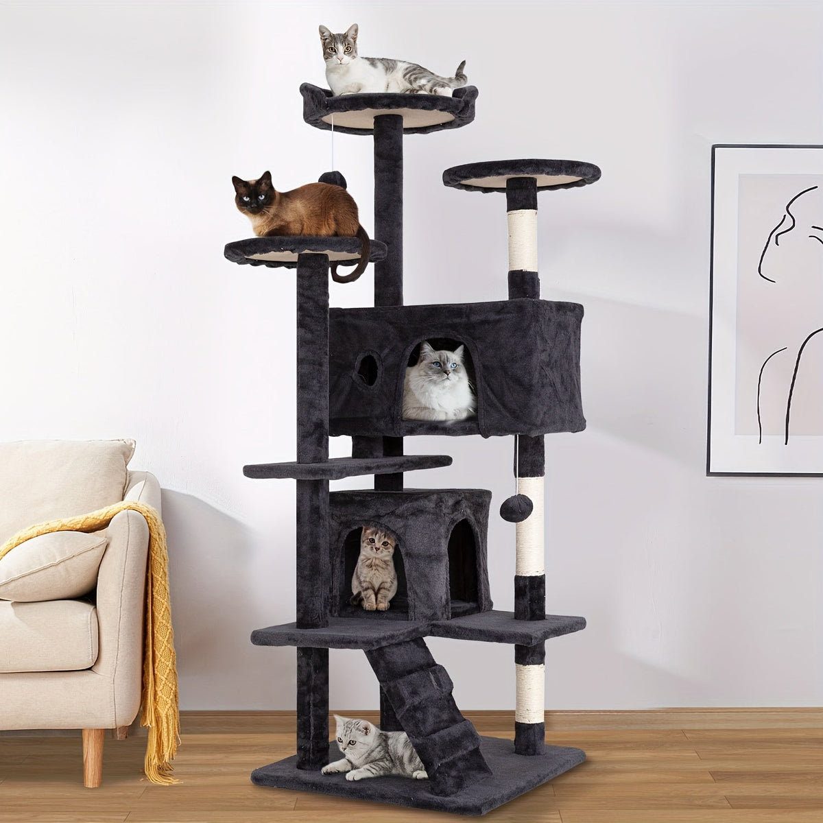 54-Inch Cat Tree Tower for Indoor Cats – Multi-Level Activity Center with Scratching Posts, Condo House & Toys for Kittens & Adult Cats, Dark Gray