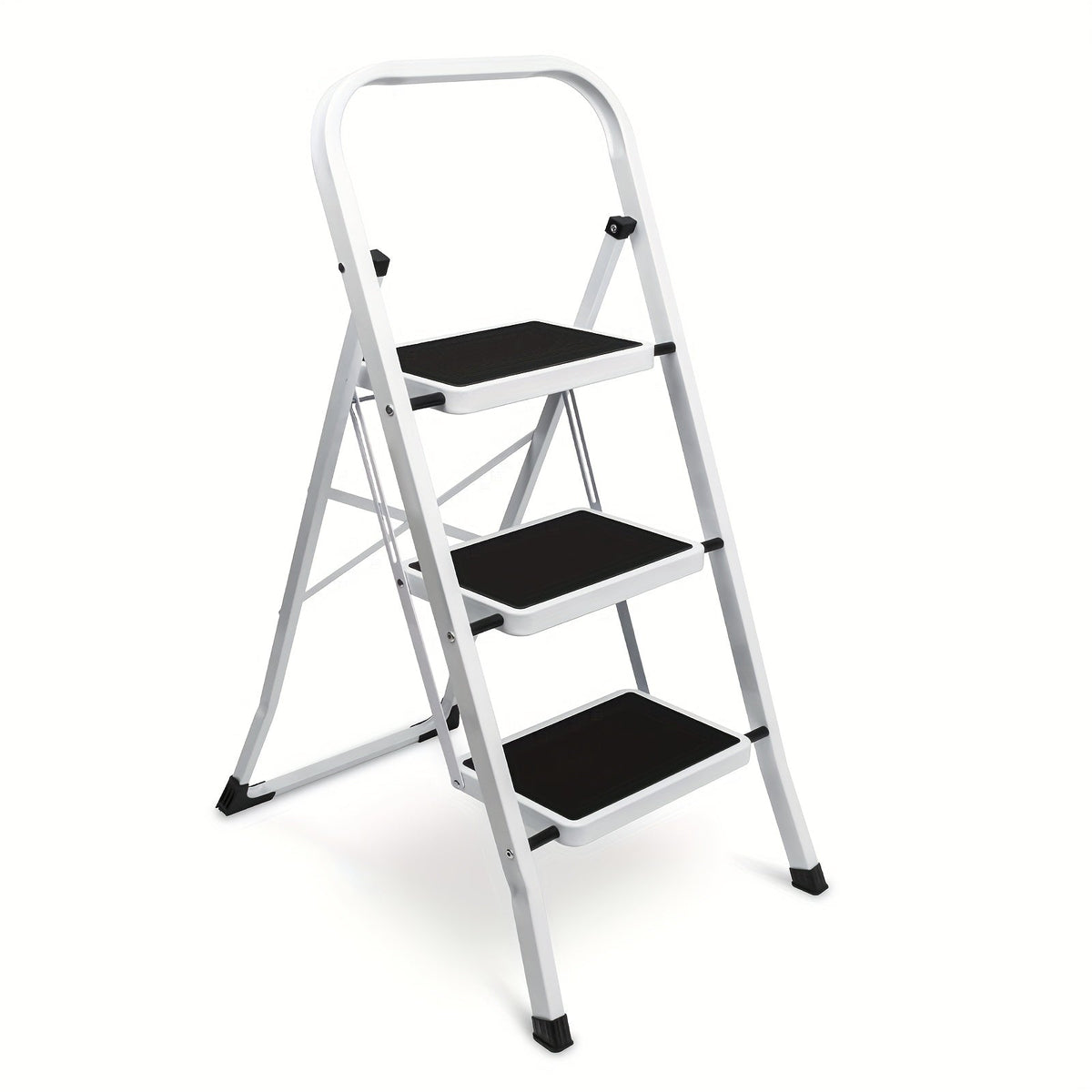 3-Step Folding Step Stool Ladder – 500 LB Capacity Wide Anti-Slip Pedal Handgrip Lightweight Portable Steel for Home Kitchen & Workshop in White & Black