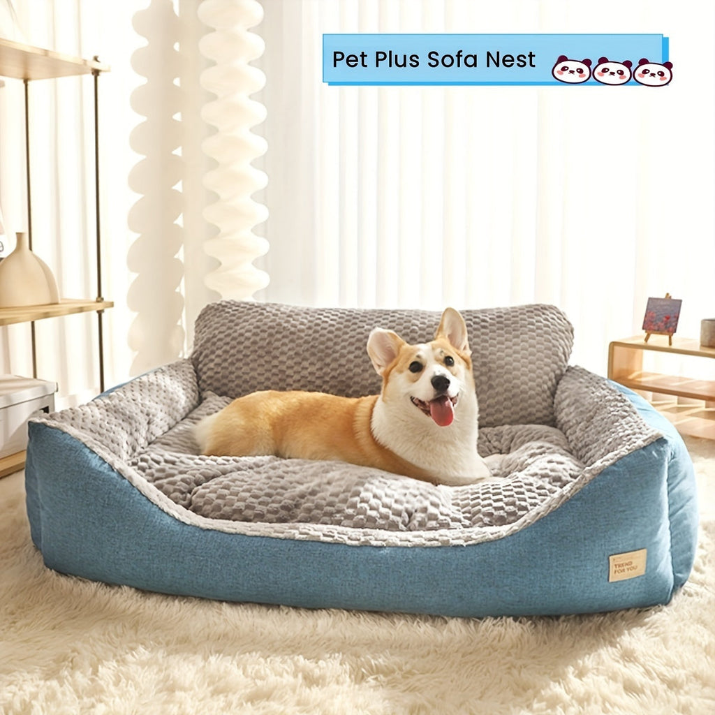 Luxury Plush Pet Sofa Bed with High Backrest – Thick Warm Washable Dog Bed for Large, Medium, and Small Dogs & Cats, All-Season Comfort, Easy-Clean Cover, Sizes S, L, XL, Grey Blue