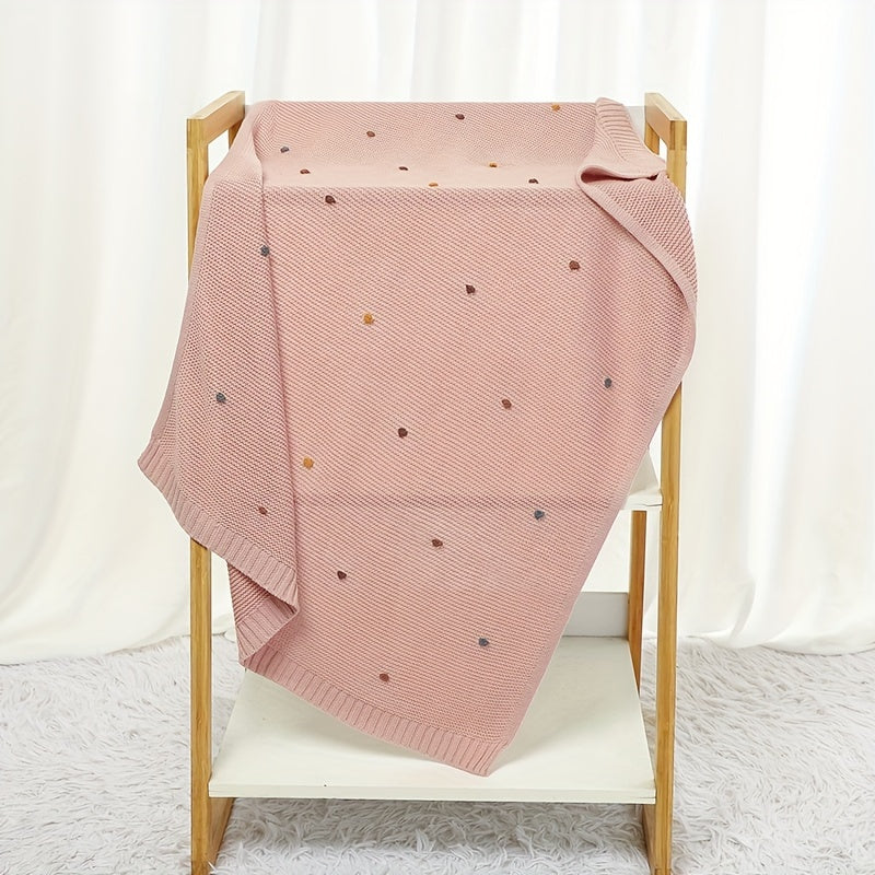 Pure Cotton Hand-Crocheted Pom-Pom Baby Blanket, Soft Knitted Handmade Throw Blanket for Newborns & Children, 4 Colors Including White Pink Light Blue & Light Camel