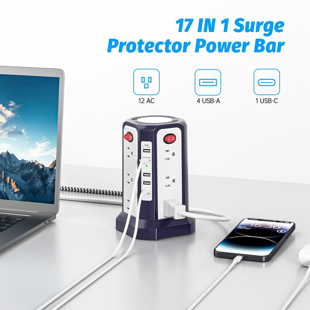 Power Strip Tower, 16 AC Outlets, 5 USB Ports, USB-C PD 20W, 1500J Surge Protector, Flat Plug Desktop Extension Cord
