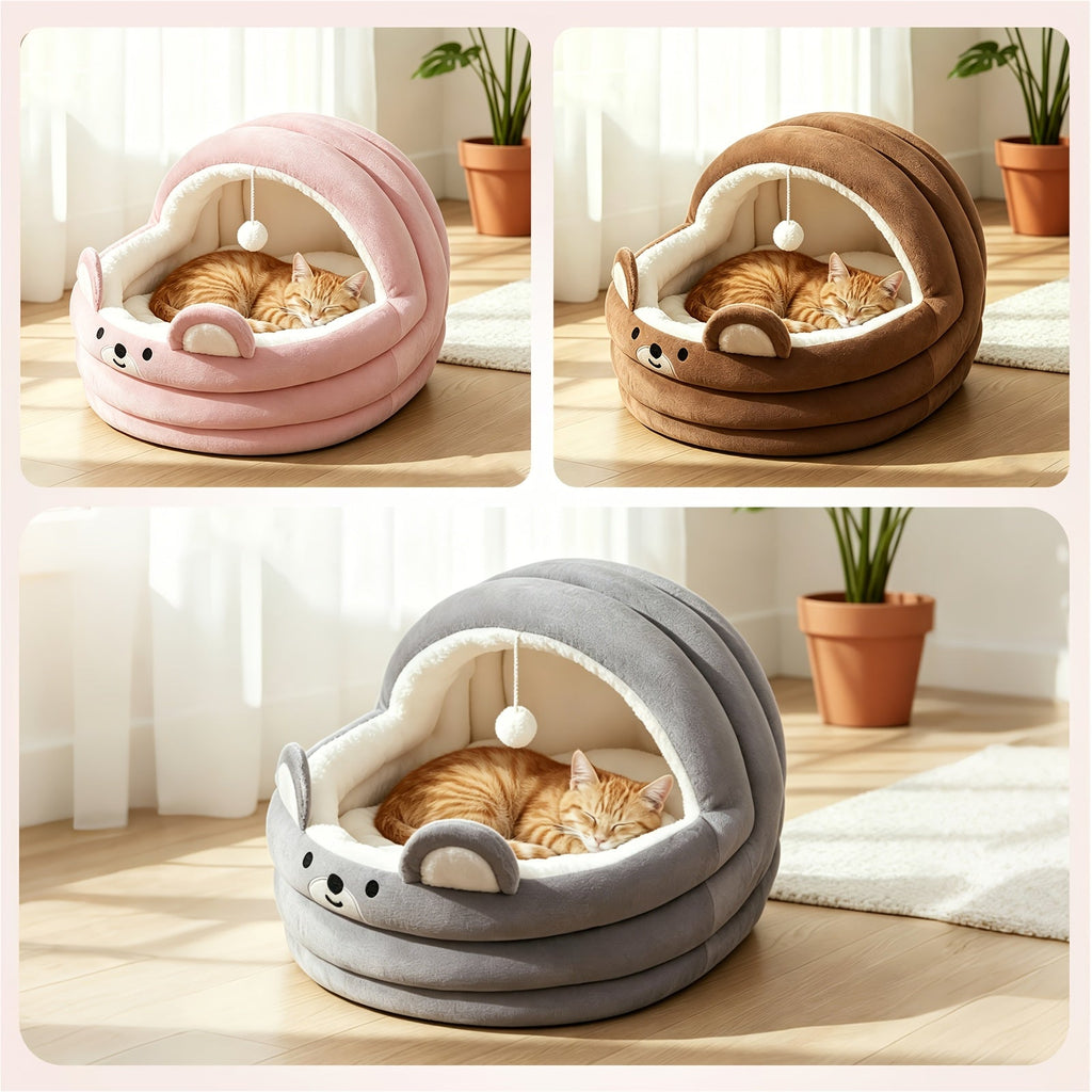 圆润毛绒猫窝及宠物垫，适合猫咪与小型犬——大号圆形甜甜圈设计，柔软舒适四季通用睡垫，含S/M/L三种尺寸，附赠趣味毛绒球，舒适猫咪午睡垫