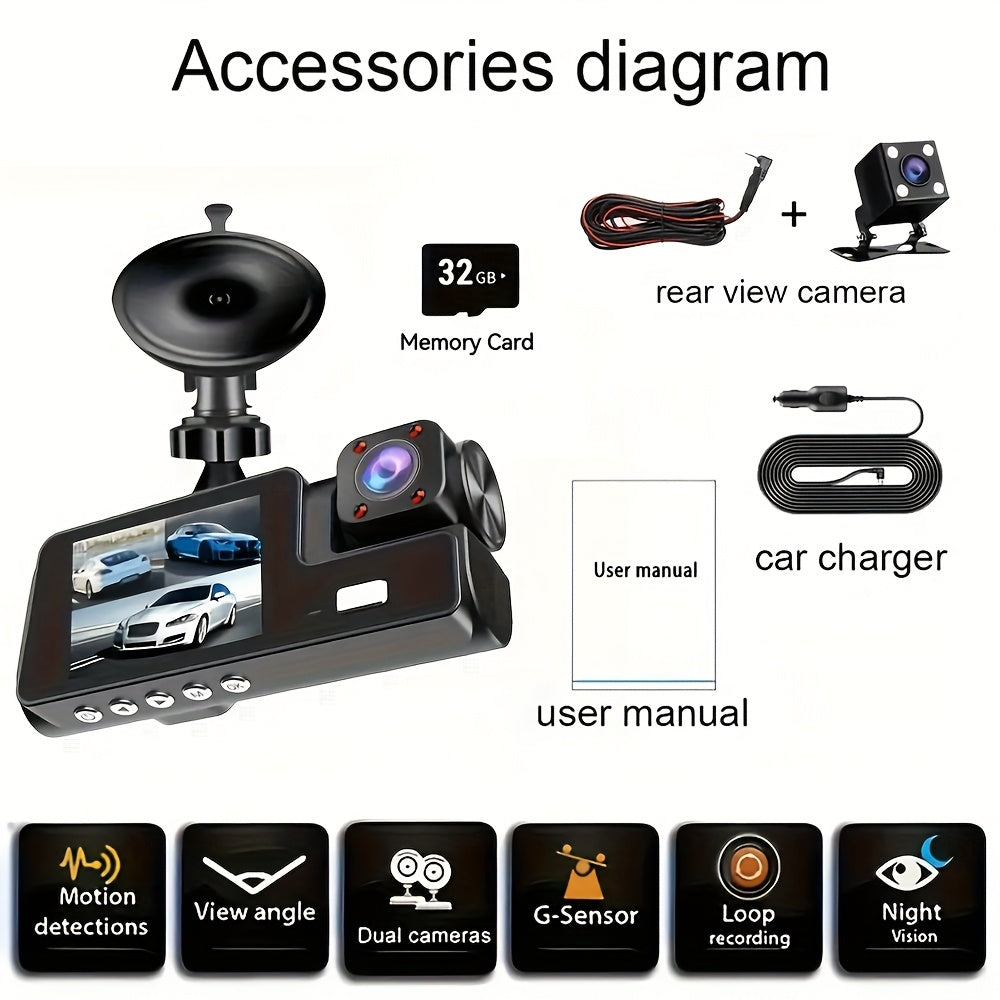 3-Channel Dash Cam, 4K Front + 4K Interior + 1080P Rear, includes Free 32GB Card, Night Vision, G-Sensor, Wide Angle, Real-Time Recording & Parking Monitor – Velora