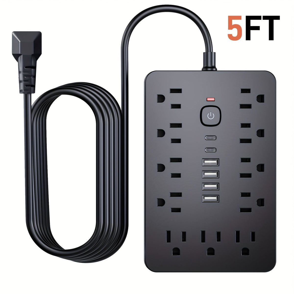 17-in-1 Power Strip Surge Protector with 11 AC Outlets, 4 USB Ports, and 2 USB-C Ports, Flat Plug Design, Space-Saving Extension Cord for Home, Office, Desk, and Kitchen, 5ft/10ft Cord