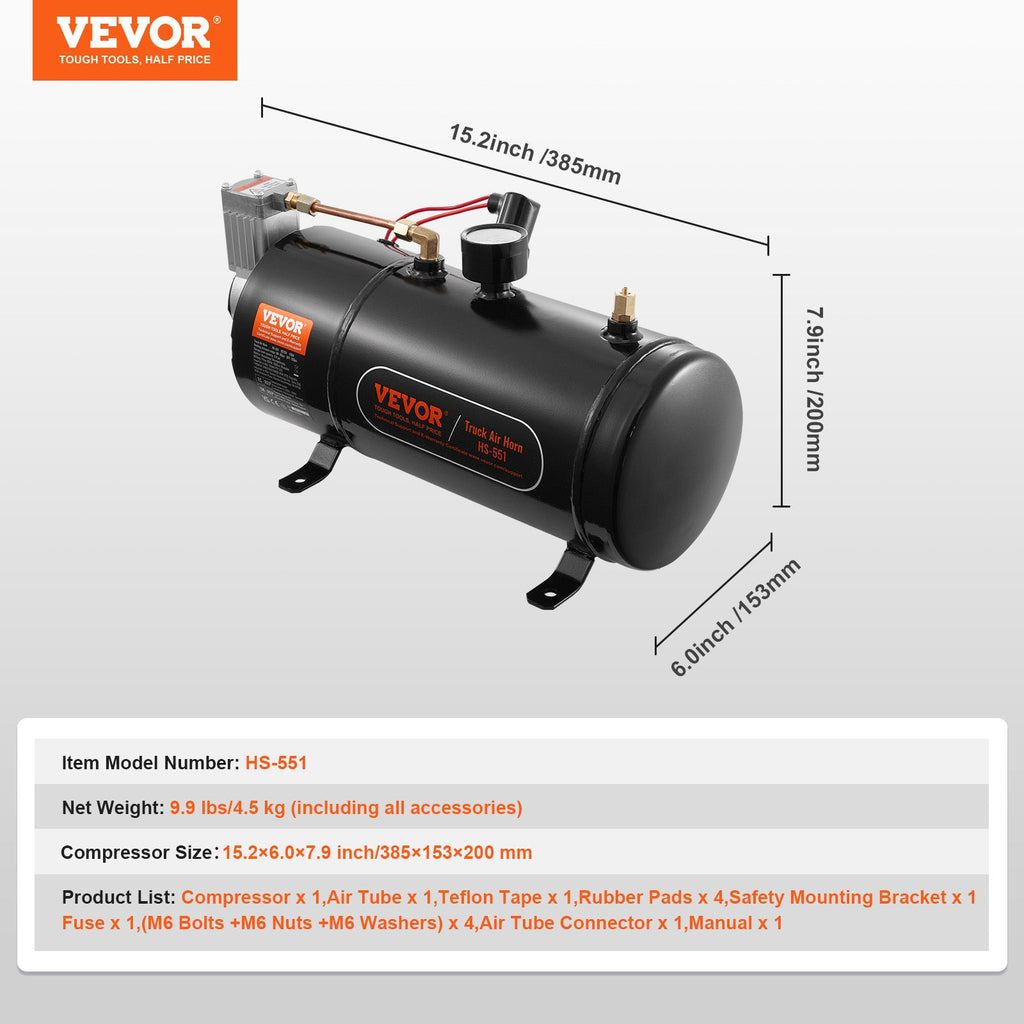 12V Onboard Air Compressor with Tank 90-120 PSI Auto Inflate Stop, 1.6 Gal Steel Tank Kit for Train Air Horn, Tire Inflation & Air Mattress – Universal Truck SUV Fit, Anti-Rust, Shock Absorbing
