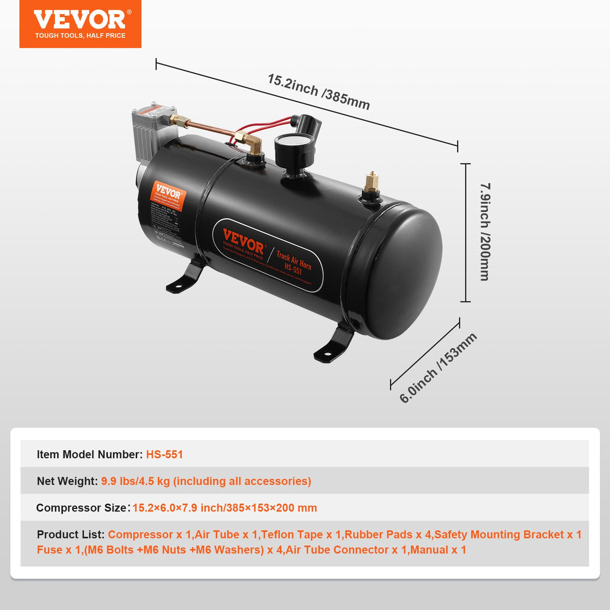 12V Onboard Air Compressor with Tank 90-120 PSI Auto Inflate Stop, 1.6 Gal Steel Tank Kit for Train Air Horn, Tire Inflation & Air Mattress – Universal Truck SUV Fit, Anti-Rust, Shock Absorbing