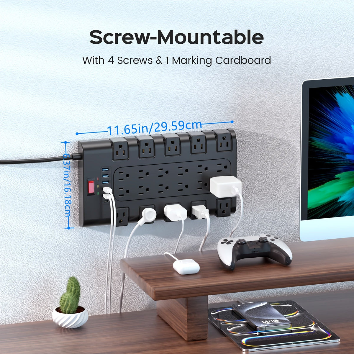 Surge Protector Power Strip with 22 AC Outlets & 6 USB Ports (24W) - 2100 Joules, Flat Plug, Wall Mount, Overload Protection, 5-14ft Cord Options for Home Office Dorm Gaming - Black & White