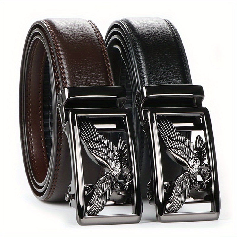 2pcs Men's Genuine Leather Belt Set with Automatic Ratchet Buckle – Adjustable Comfort Fit for 30"-44" Waist, Business & Casual Dress Belts in Black/Light Brown & Black/Dark Brown