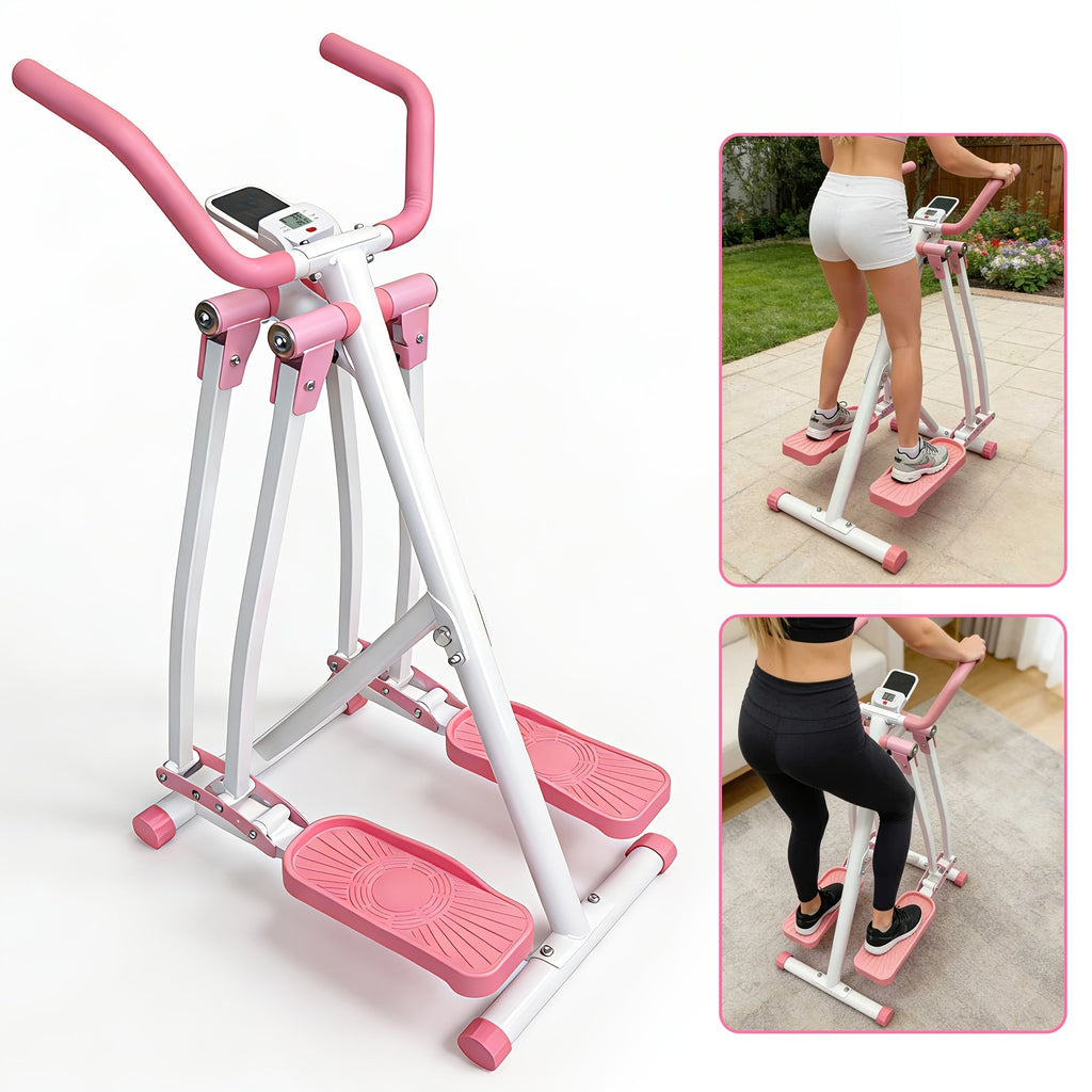 Foldable Air Walk Elliptical Machine Cross Trainer Glider for Full-Body Low-Impact Cardio with LCD Monitor Extended Stride Non-Slip Pedals for Home Gym – Pink