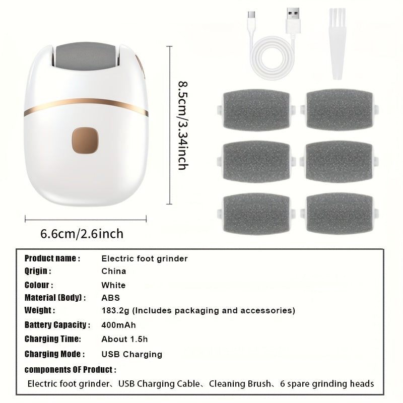 Rechargeable Electric Foot Scrubber - 6 Interchangeable Heads - Dead Skin Removal & Polishing - USB Powered - Ergonomic Handle - White & Gold Two-Tone Design