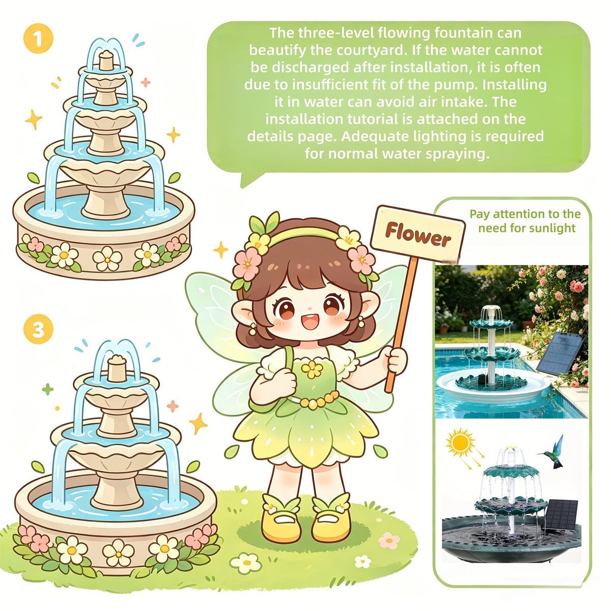 3-Layer Solar Bird Bath Fountain 3.5W – Outdoor Garden Courtyard Decor Solar Powered Fountain Pump, No Wiring Needed, Dark Green, Light Blue, or Fountain-Only, Single & Three Tier Options
