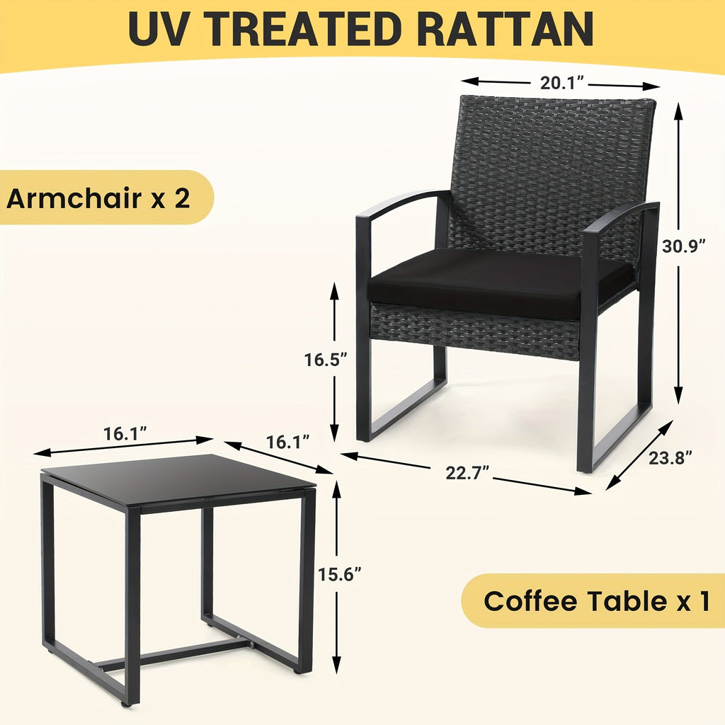 Rattan Bistro Set 3-Piece with Safety Glass Top Table & Plush Cushions – Outdoor Patio Conversation Set with 2 Chairs for Backyard, Balcony & Garden, Black Rattan Gray Black Beige Cushion – Nova Mart
