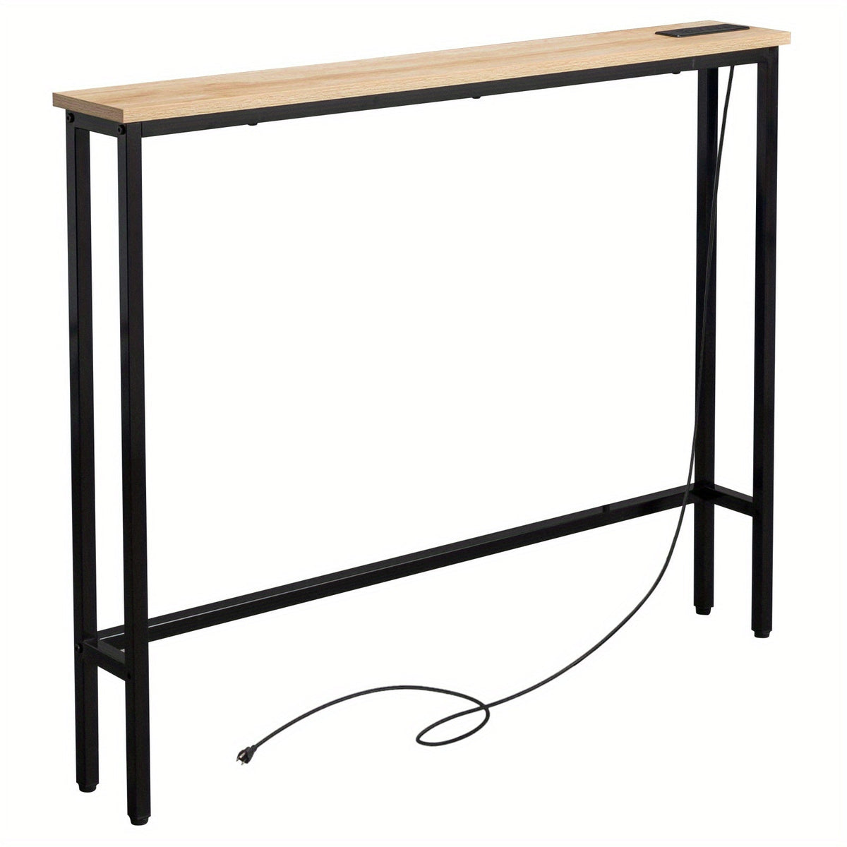 Narrow Console Table with Charging Station – Built-In Outlets USB Ports Metal Frame Slim Sofa Table 39.4" / 78.7" for Living Room Apartment in Rustic Brown Oak Black